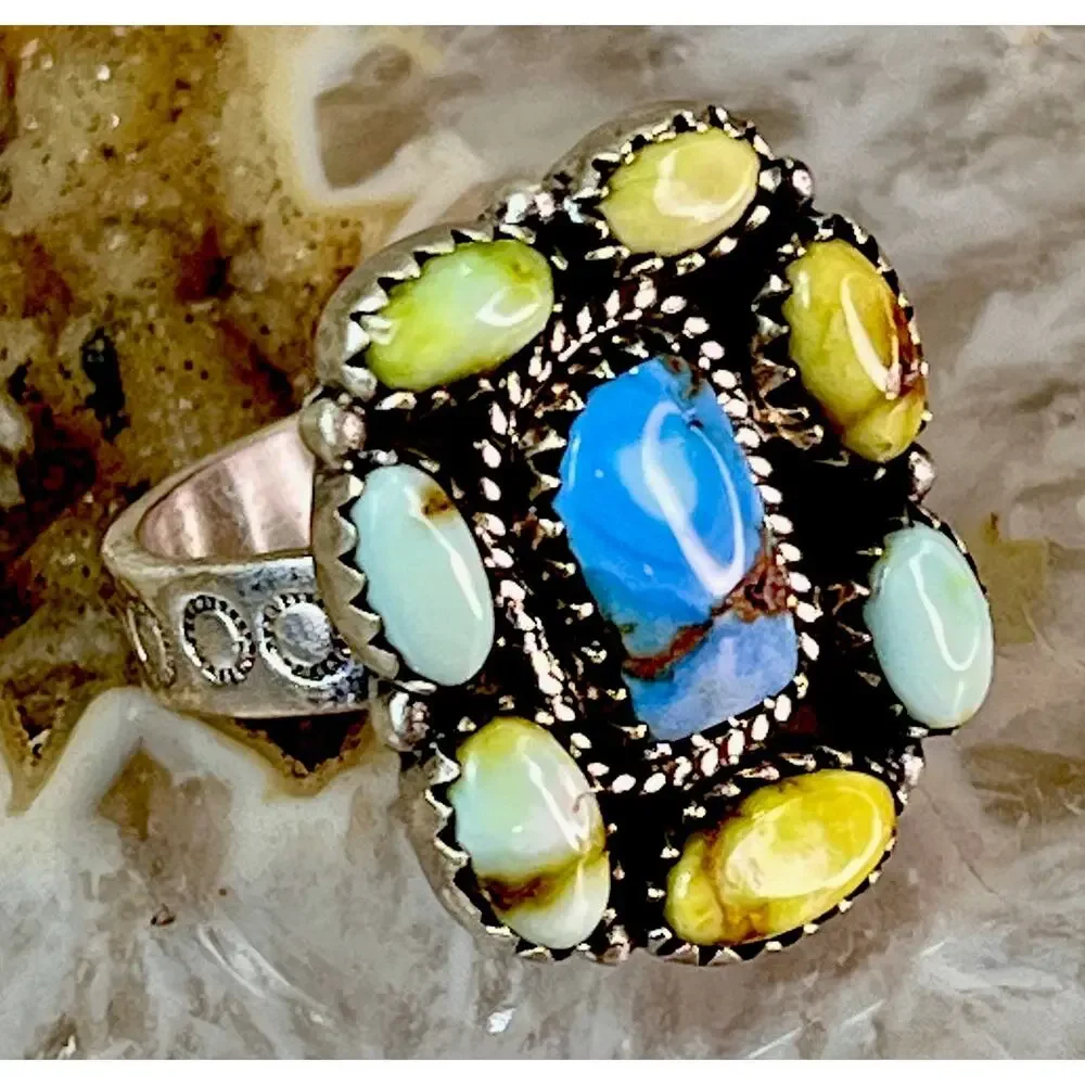 Southwestern Sterling Silver Mixed Turquoise Cluster Statement Ring Adjust Size